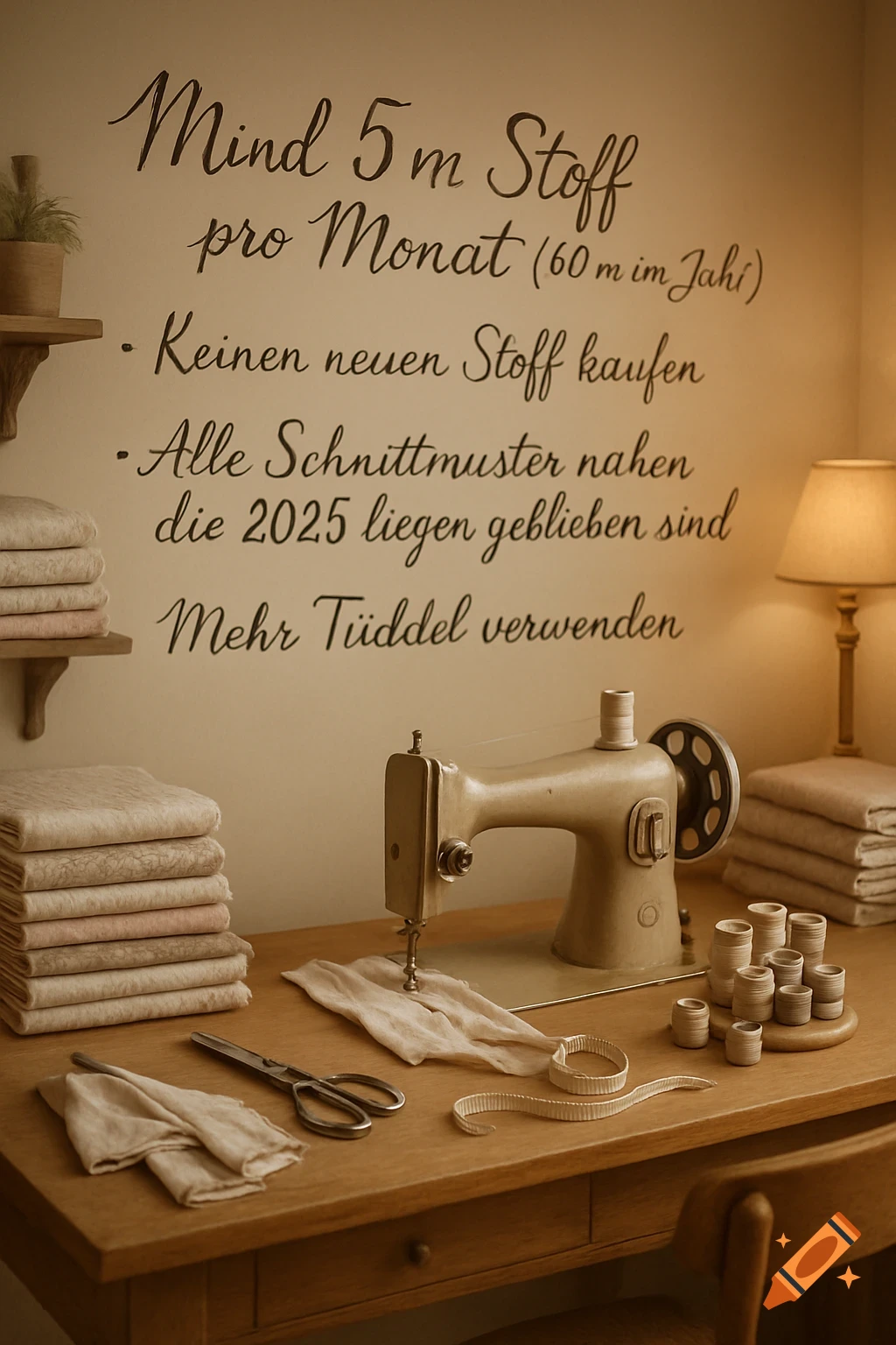 A cozy sewing room with a vintage sewing machine, fabric, tools on a wooden table, and German text on the wall, in warm light.