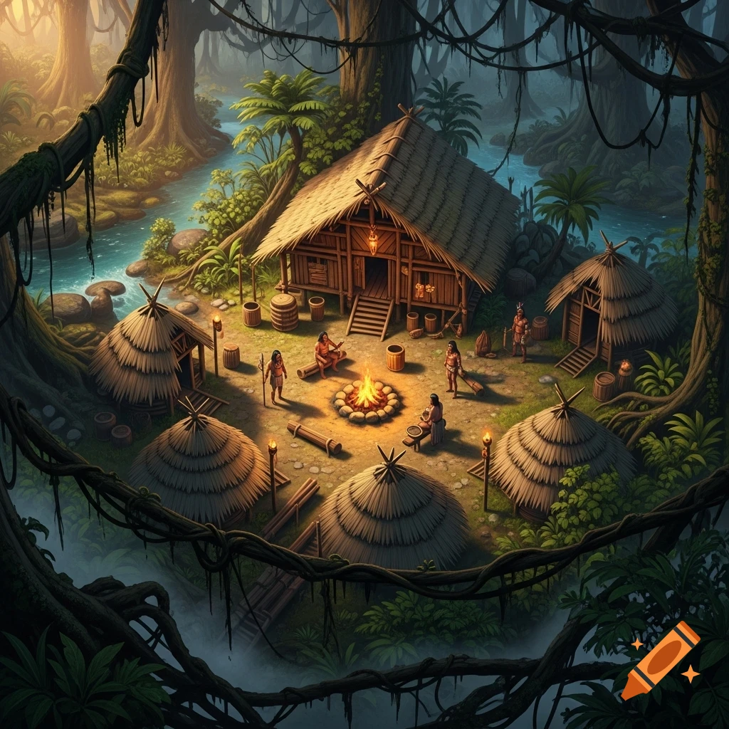 A detailed fantasy illustration of a primitive jungle village at dusk, with huts, a campfire, and natives by a river.
