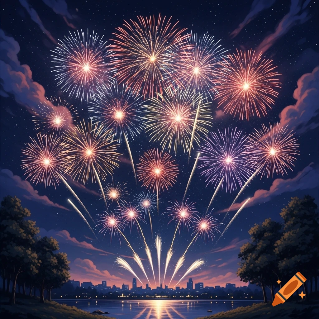 Colorful fireworks explode over a city skyline reflected in water at night under a starry sky.