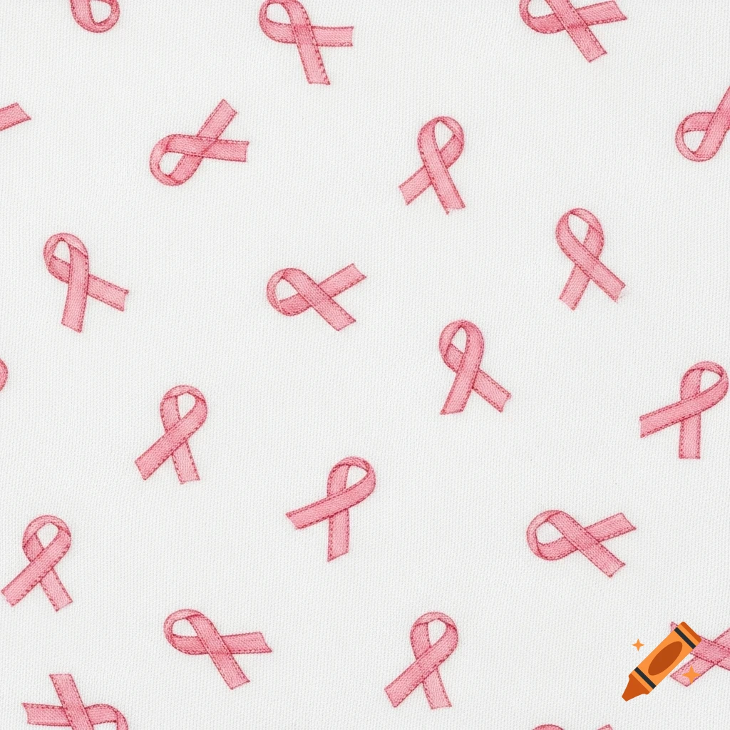 Seamless pattern of small pink ribbons scattered across a white cotton fabric background.