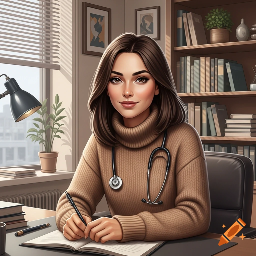 A cartoon woman with brown hair, wearing a turtleneck and stethoscope, writes in a notebook at a desk in an office.