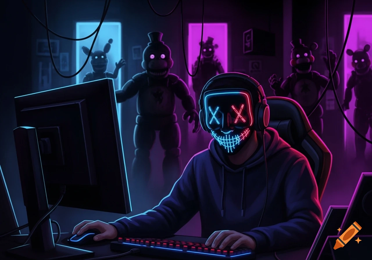 A gamer with a glowing neon X mask and headphones sits at a computer, while shadowy animatronic figures with glowing eyes lurk in the neon-lit background.