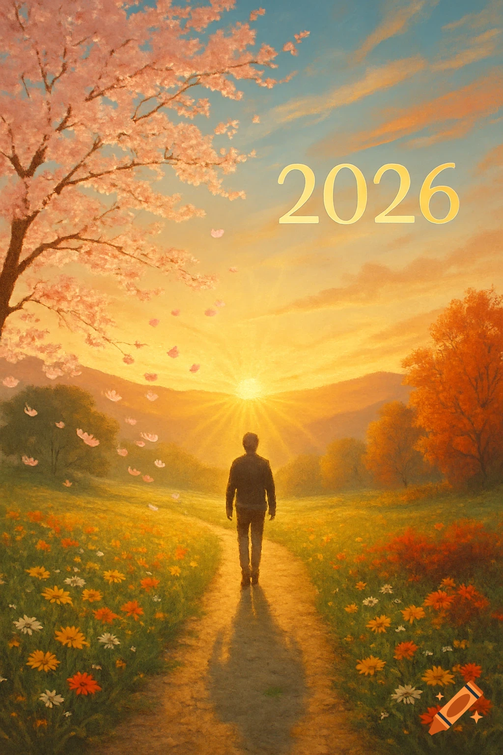 A person walks on a path towards a bright sunset with the year 2026 in the sky, surrounded by cherry blossoms and wildflowers.