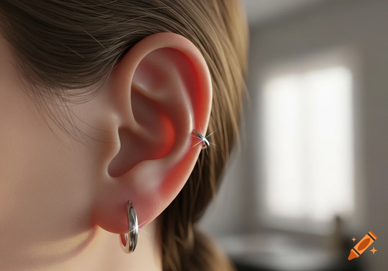 Close-up of a human ear with two shiny silver hoop piercings, one on the lobe and one on the helix, against a blurred light background.
