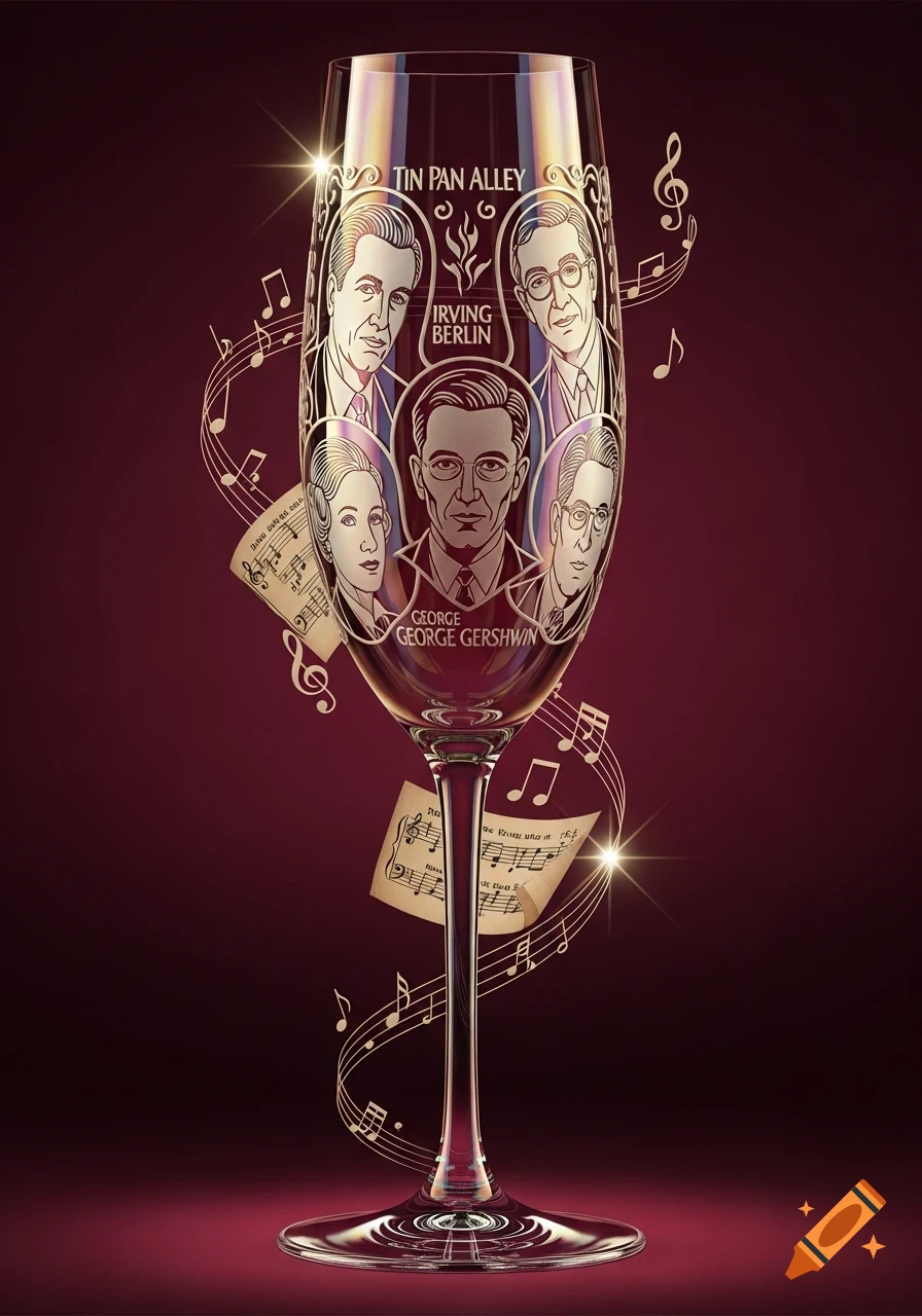 A champagne glass with engraved portraits of Irving Berlin and George Gershwin, surrounded by golden musical notes and sheet music.