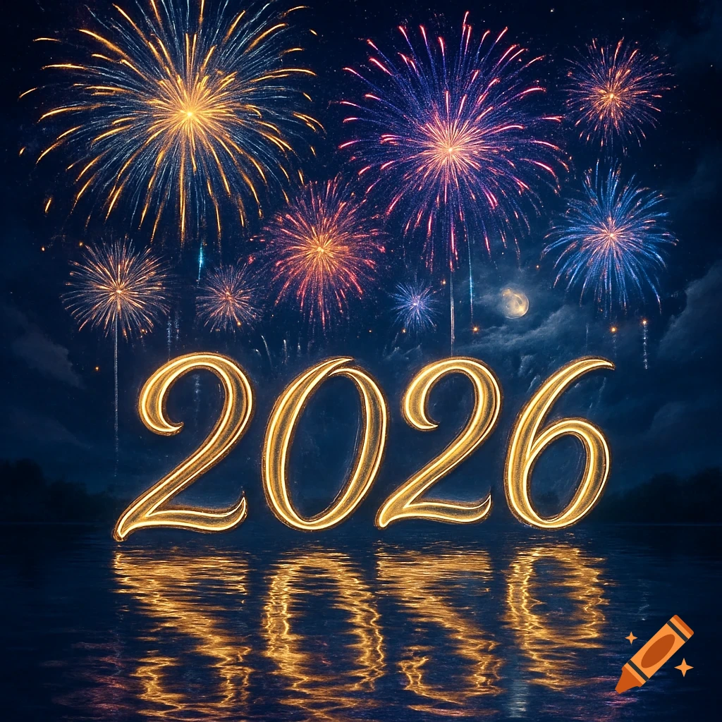 Golden 2026 numbers reflecting on water beneath a dark night sky filled with colorful fireworks.
