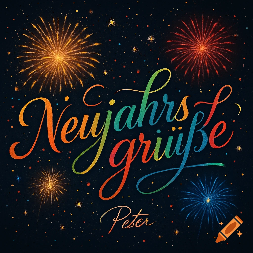 Colorful 'Neujahrsgrüße' and 'Peter' text against a dark sky with festive fireworks.