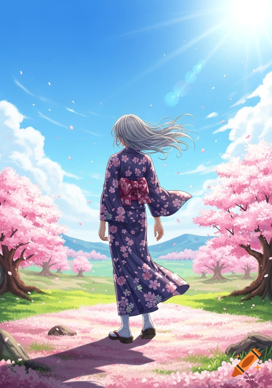 Anime girl with long silver hair in a purple kimono stands in a field of pink cherry blossom petals under a sunny blue sky.