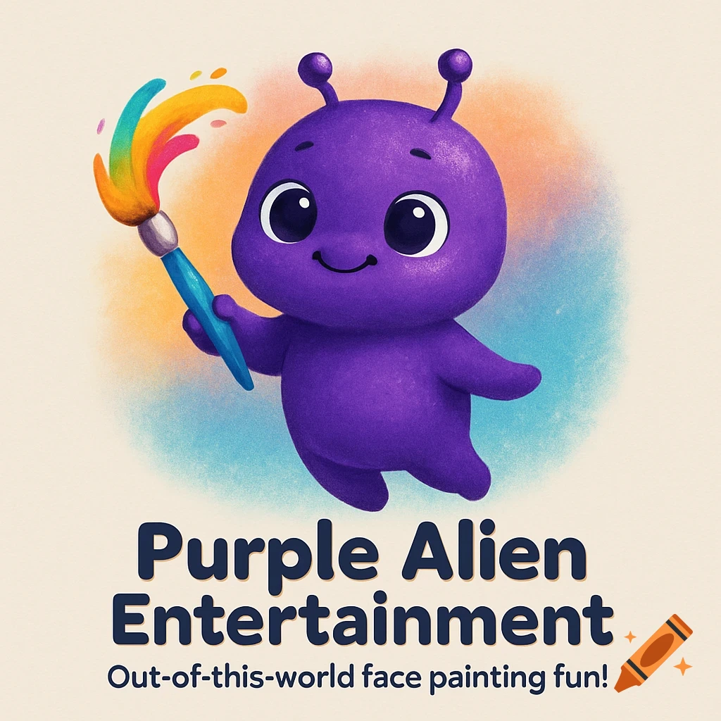 A cute purple alien with big eyes smiles while holding a paintbrush with rainbow paint against a colorful background with text.