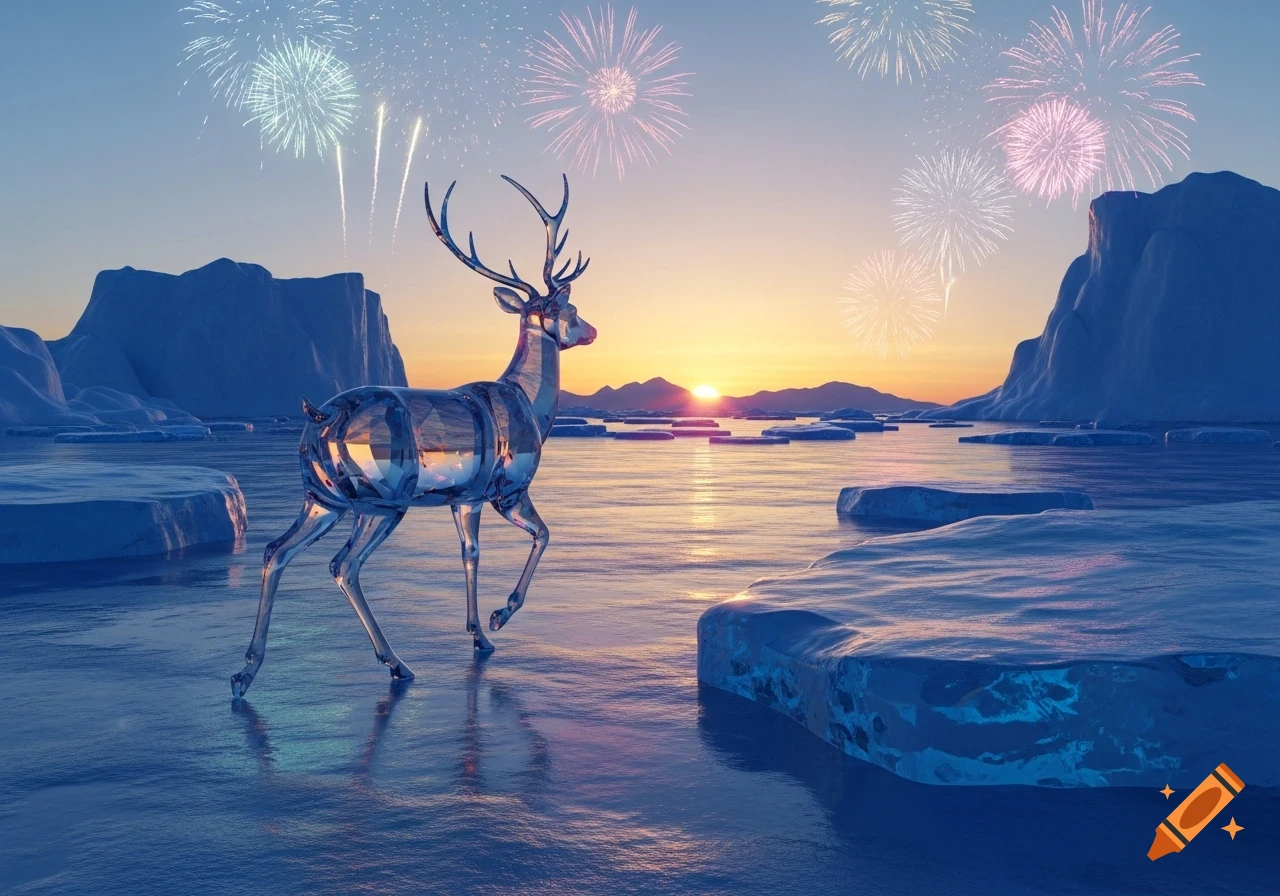 A sparkling glass deer stands on a frozen arctic sea amidst icebergs with colorful fireworks lighting the sunset sky.