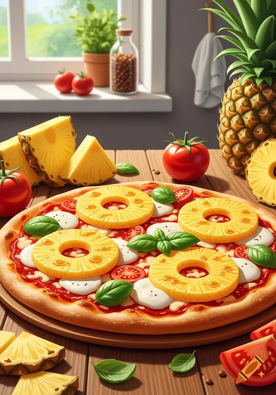 A bright, stylized illustration of a pizza topped with pineapple, mozzarella, and basil, on a wooden table with fresh pineapples and tomatoes.