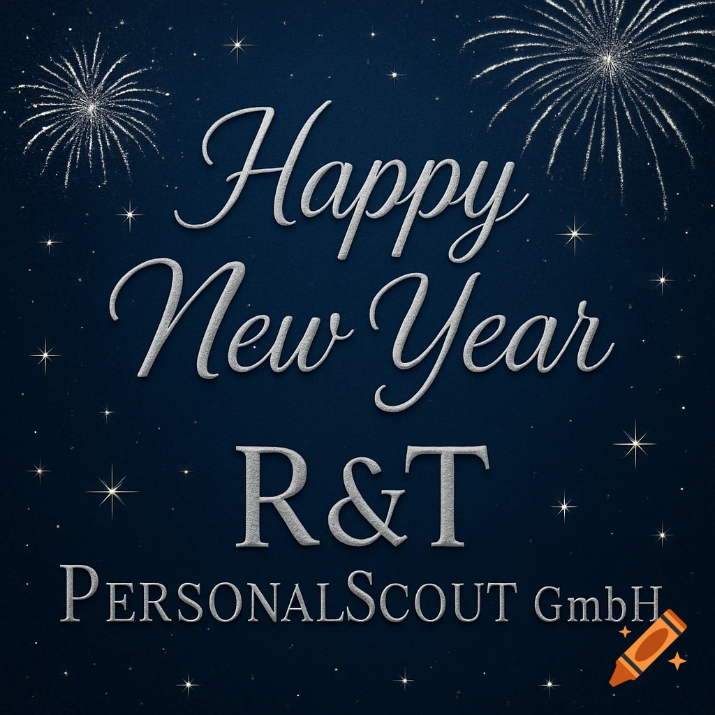 Silver 'Happy New Year' greeting with 'R&T PersonalScout GmbH' on a dark blue starry background with fireworks.
