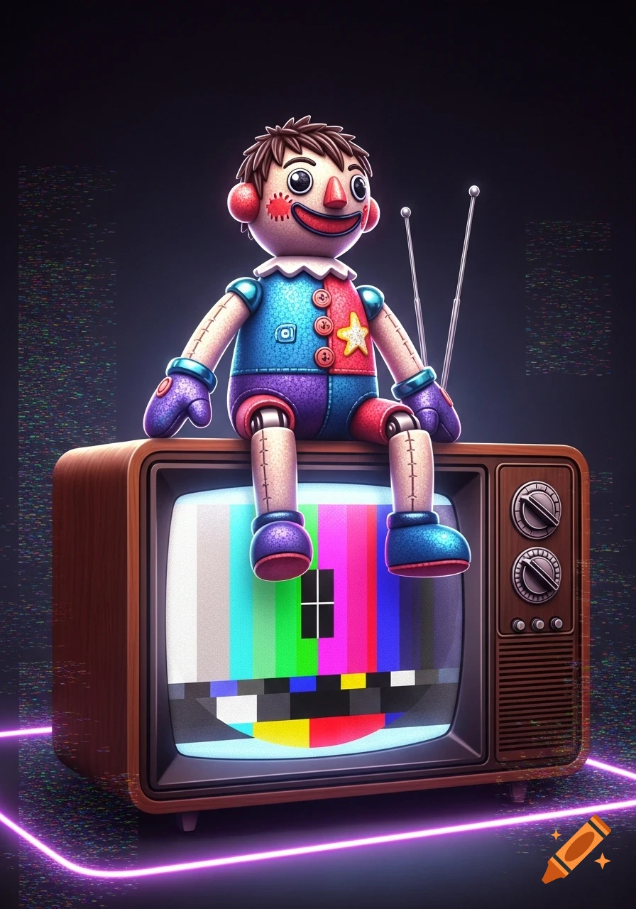 A stylized toy doll in a patchwork outfit sits on a vintage TV displaying a color test pattern, surrounded by purple neon and static.