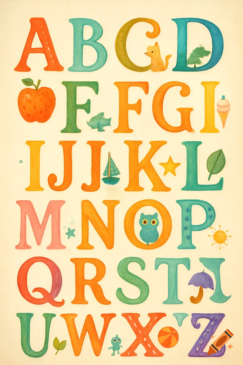 A colorful alphabet poster with uppercase letters A-Z, featuring charming, crayon-style illustrations for each letter.