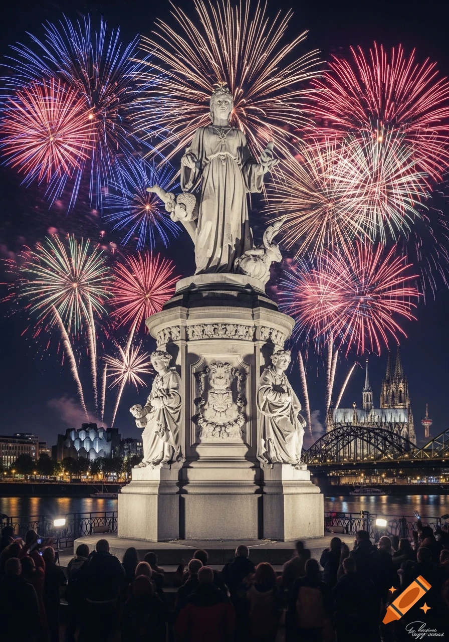 A grand monument of a robed figure stands tall against a night sky filled with colorful fireworks, with a city skyline including the Cologne Cathedral and a bridge in the background, viewed by a crowd.