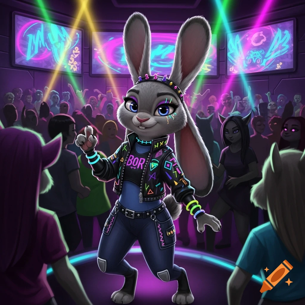 An anthro female rabbit resembling Judy Hopps in cybergoth fashion, wearing a black jacket with neon patterns, dancing in a neon-lit nightclub with a blurred crowd.