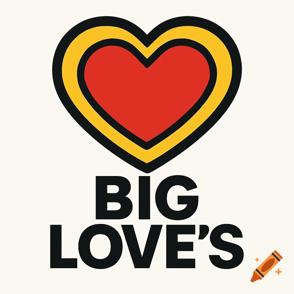 A red heart with a yellow outline and a black border, above the black text 'BIG LOVE'S' on a light background.