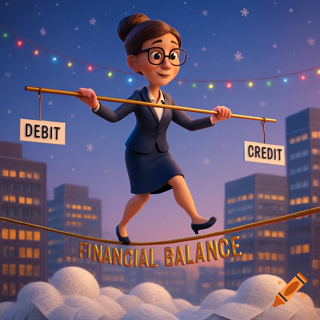 A Pixar-style 3D render of an accountant balancing on a 'Financial Balance' tightrope, holding 'Debit' and 'Credit' signs.