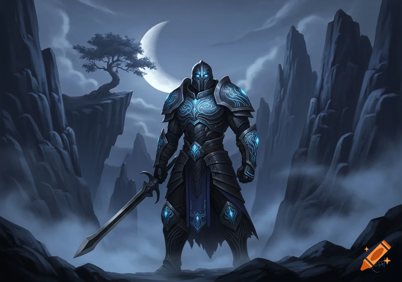 A dark fantasy image of a glowing armored warrior with a sword, standing amidst foggy, moonlit mountains and a lone tree.