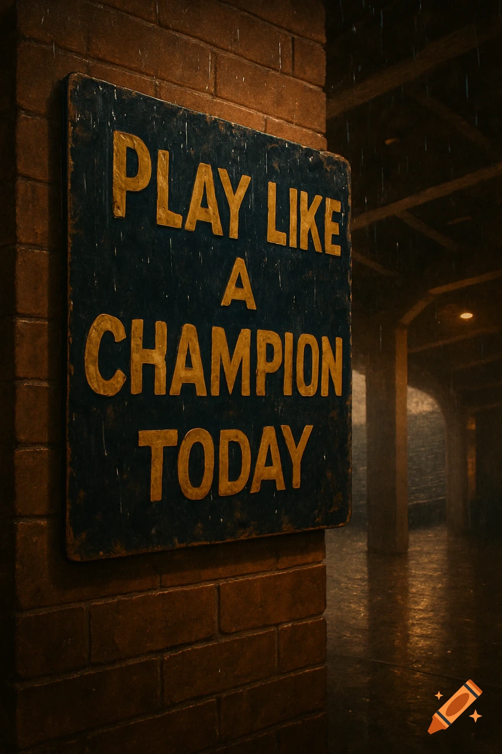 A weathered blue sign with gold text 'PLAY LIKE A CHAMPION TODAY' on a brick wall in a dark, rainy tunnel.