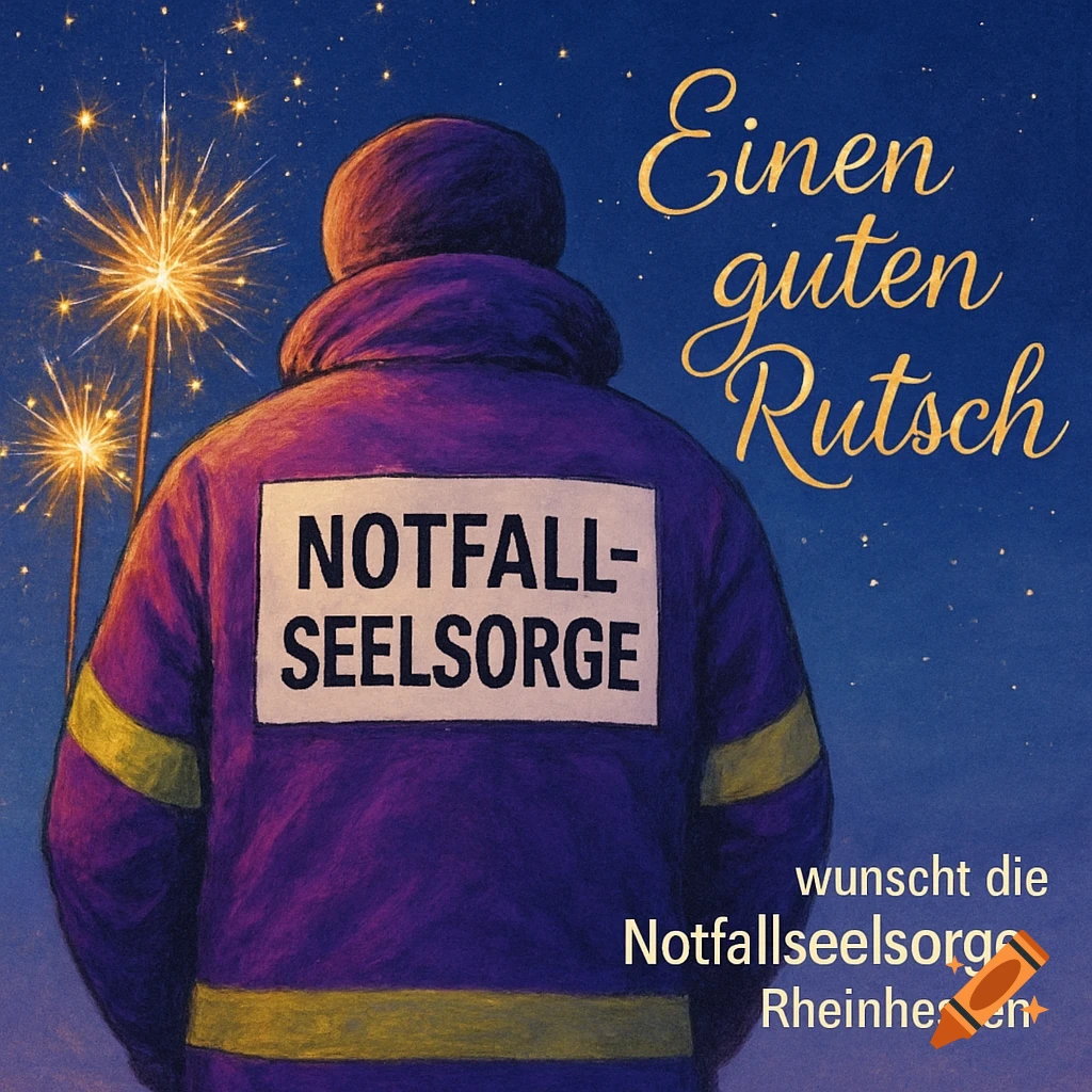 Person in purple emergency jacket viewing sparklers under a starry sky with a German New Year's greeting.