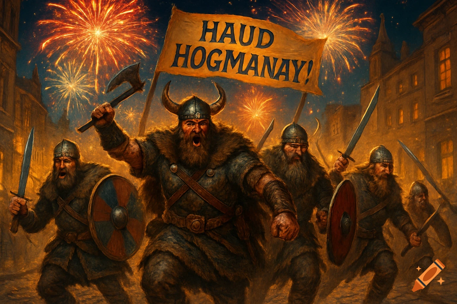 Fierce Vikings in armor holding weapons and a banner that reads "HAUD HOGMANAY!" march through a city street at night with fireworks exploding overhead in an artistic style.