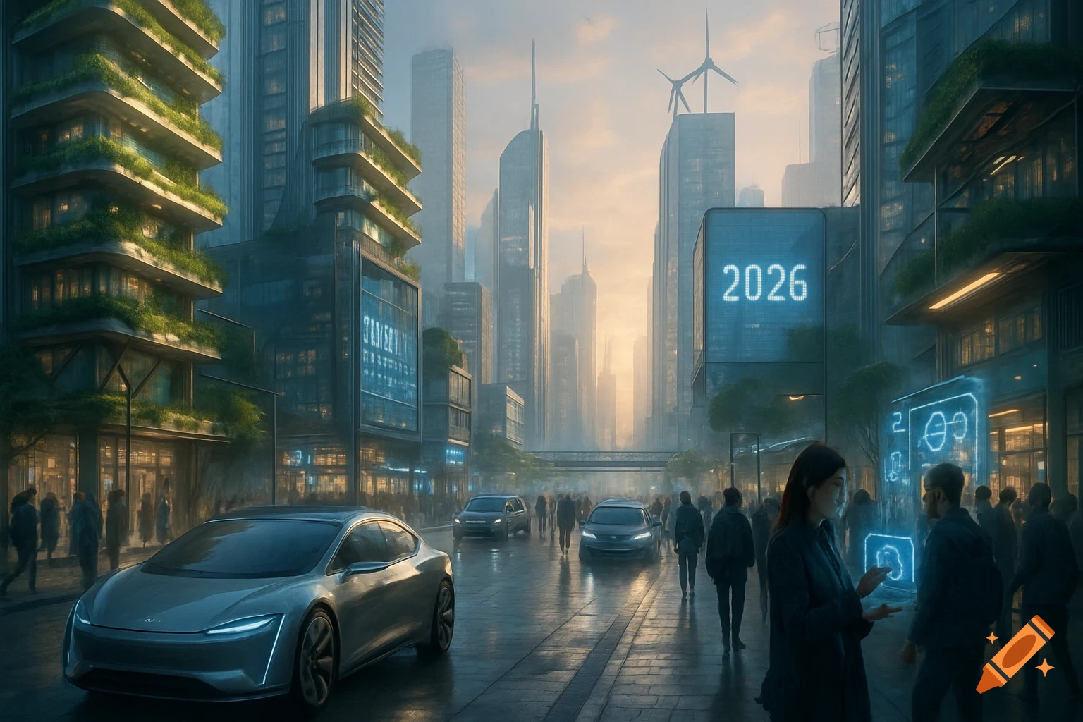 A busy futuristic city street at dusk with sleek cars, pedestrians, and tall buildings with green terraces. One large digital sign shows "2026," while another displays garbled text. Wind turbines are visible on rooftops.