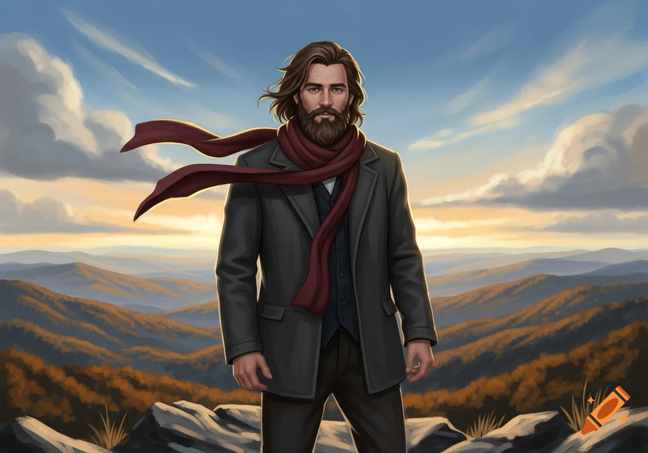 A bearded man with long brown hair and a red scarf stands on a rocky mountain peak overlooking an autumn landscape, digital art.
