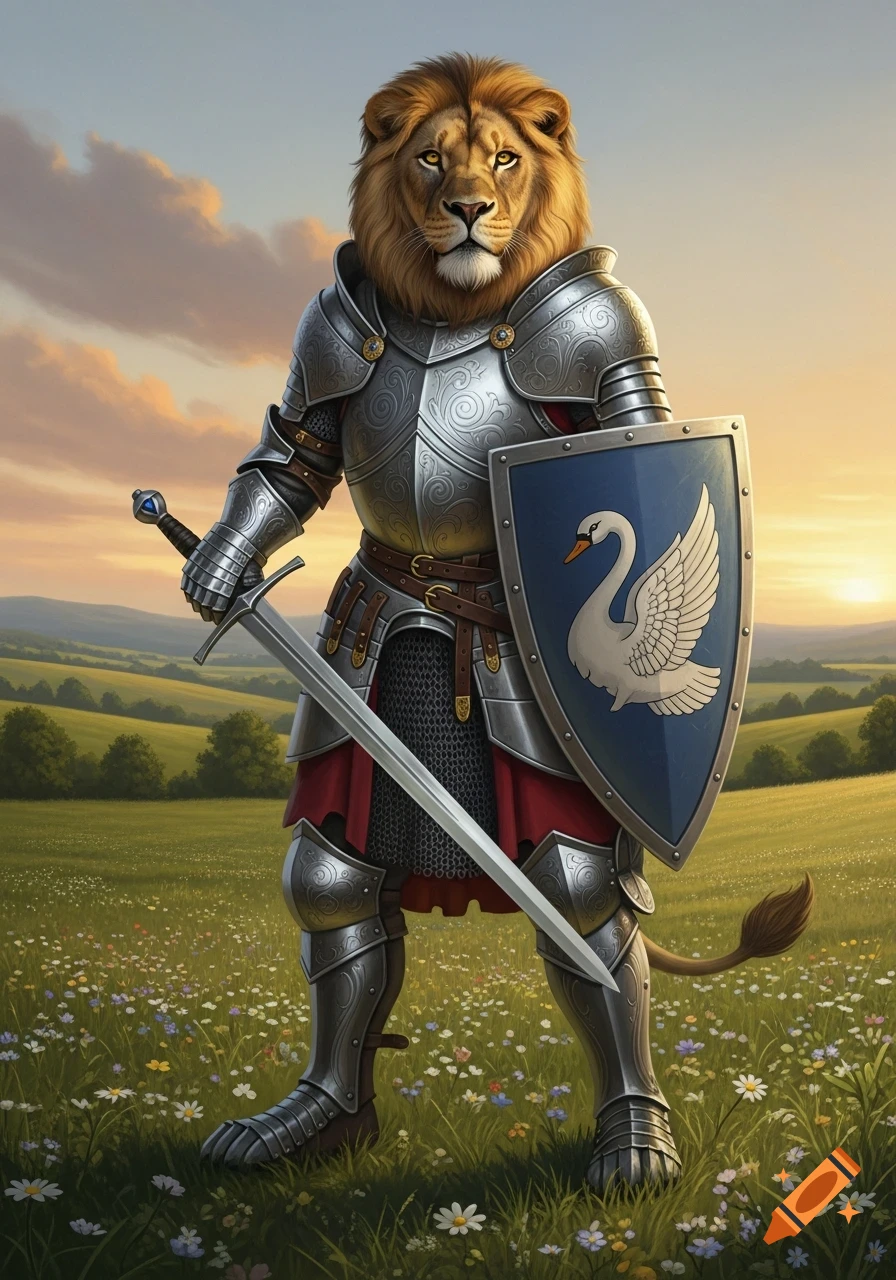 A majestic lion knight in shining medieval armor stands in a flower-filled field at sunset, holding a sword and a swan-crested shield.