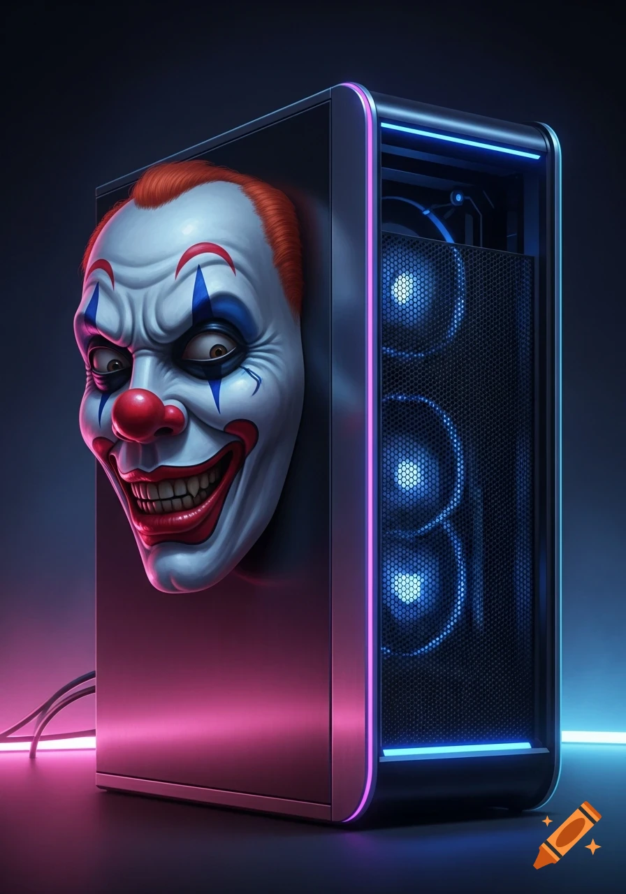A computer tower with glowing blue and pink lights, featuring a creepy clown mask with red hair and an evil grin emerging from its side.
