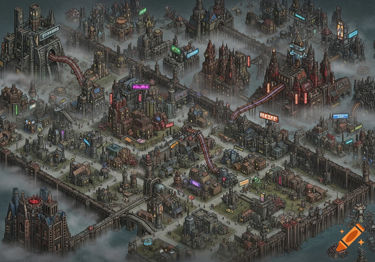 An isometric top-down map of a dark, sprawling, industrial hive city, reminiscent of Warhammer 40k, with interconnected buildings and pipes under a foggy sky.