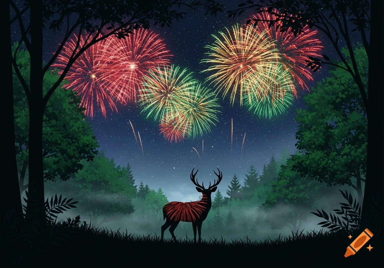 An illustrative nocturnal forest scene with a deer silhouette in the foreground, colorful fireworks exploding in the starry sky above.