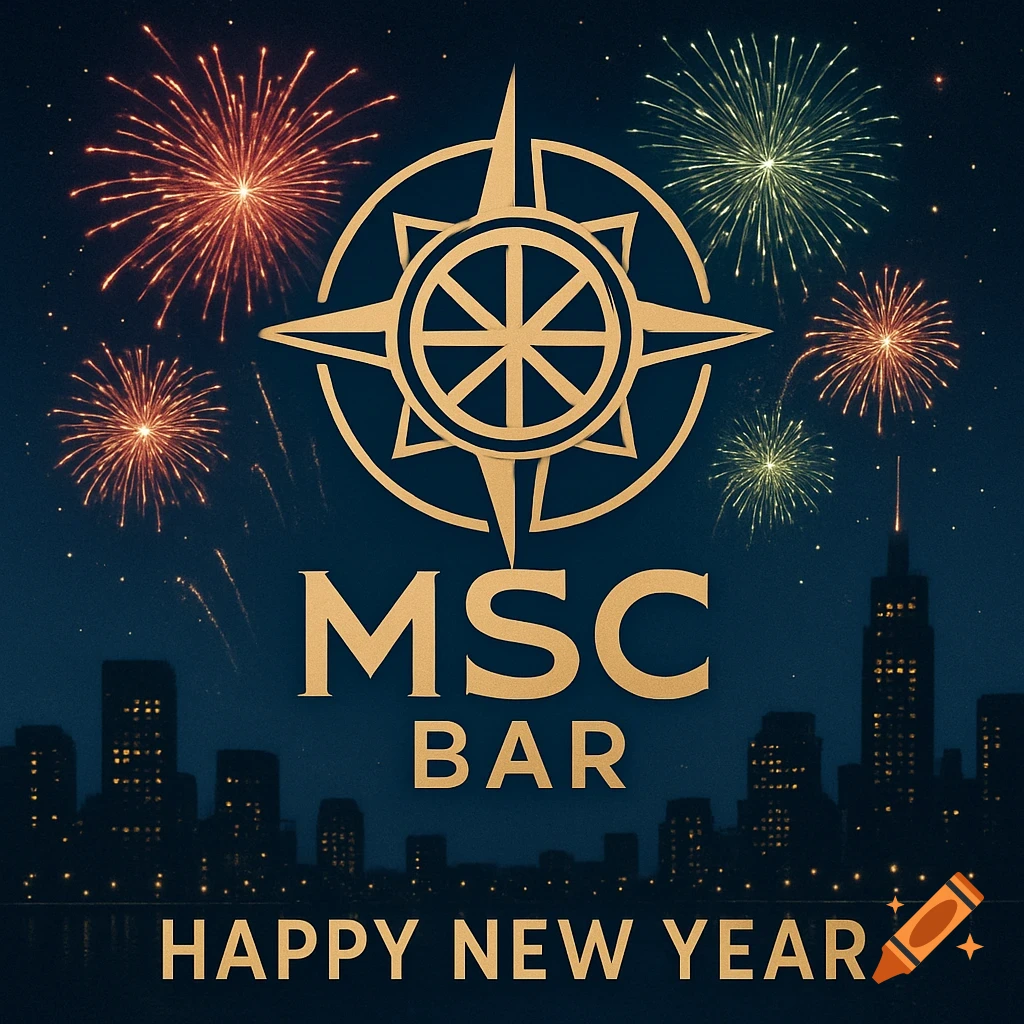 A gold compass logo above 'MSC BAR' and 'HAPPY NEW YEAR' text, set against a dark blue sky with colorful fireworks and a city skyline.