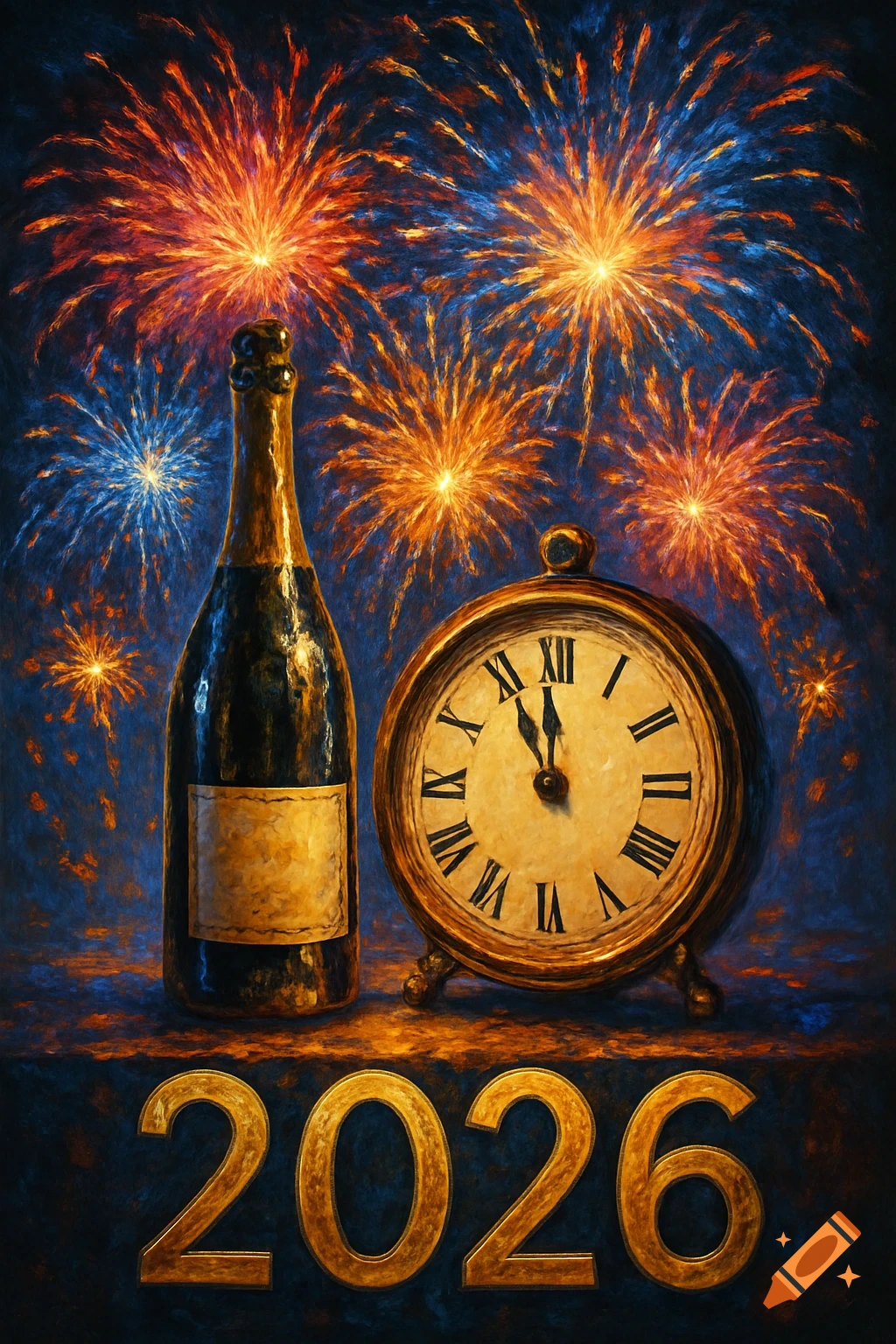 A vibrant, painterly New Year's Eve scene with a champagne bottle, an antique clock showing midnight, and bright fireworks illuminating the dark sky, with '2026' in gold at the bottom.