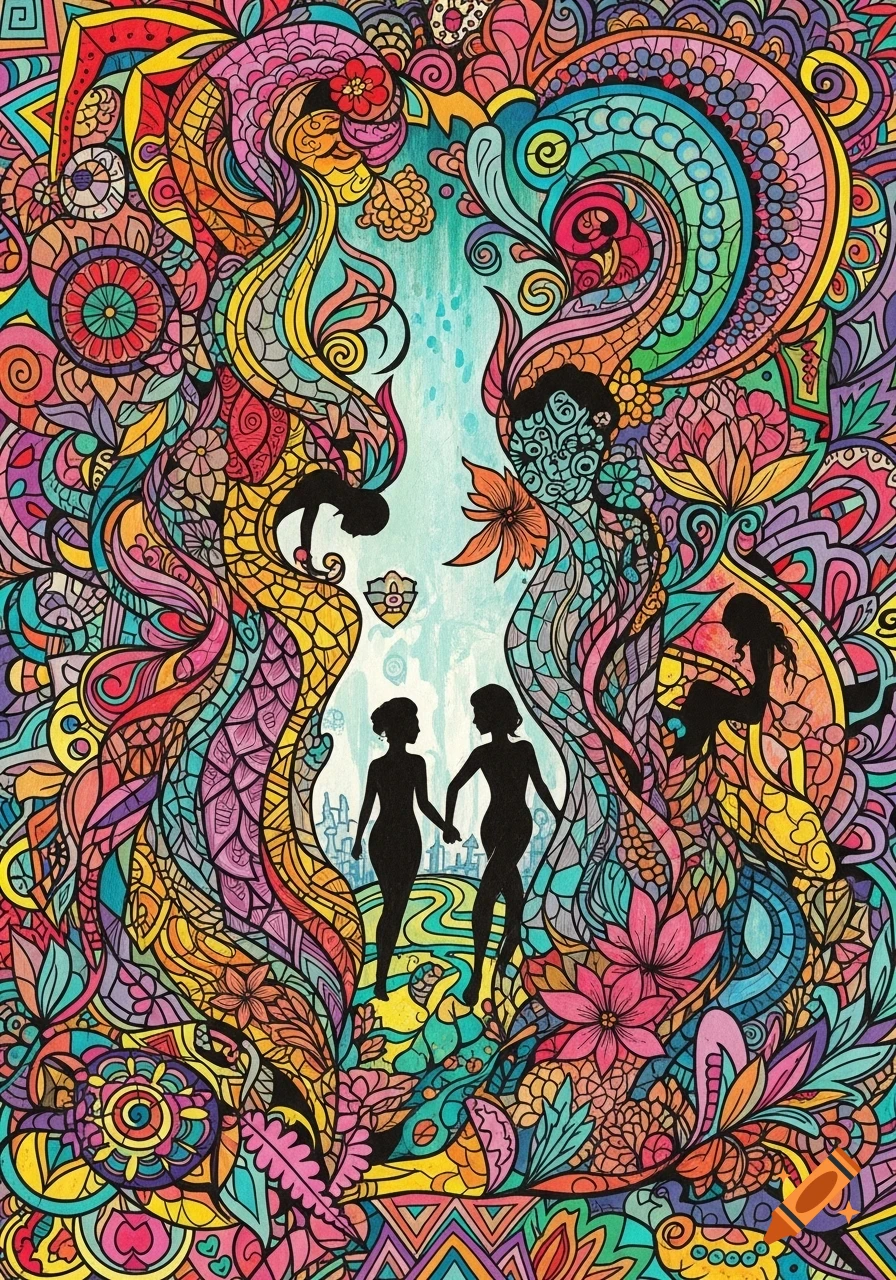 Colorful, intricate psychedelic artwork featuring two stylized female silhouettes holding hands, surrounded by vibrant, flowing patterns and floral motifs.