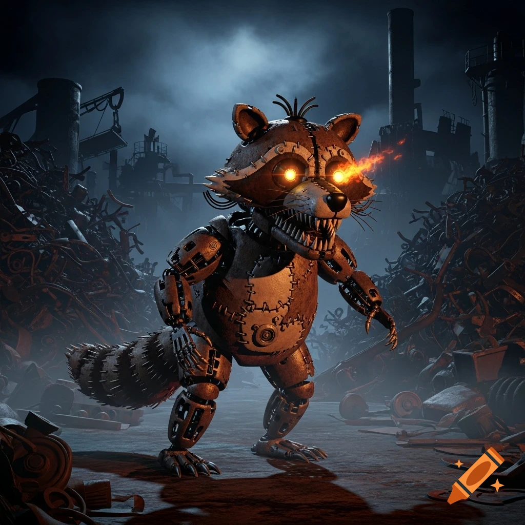 A creepy animatronic raccoon with glowing orange eyes and sharp teeth stands in a dark, dystopian junkyard with piles of scrap metal.