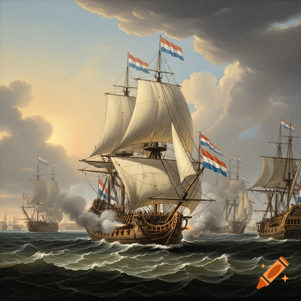 An oil painting depicts a dramatic 17th-century naval battle with Dutch sailing ships firing cannons amidst smoke and waves.