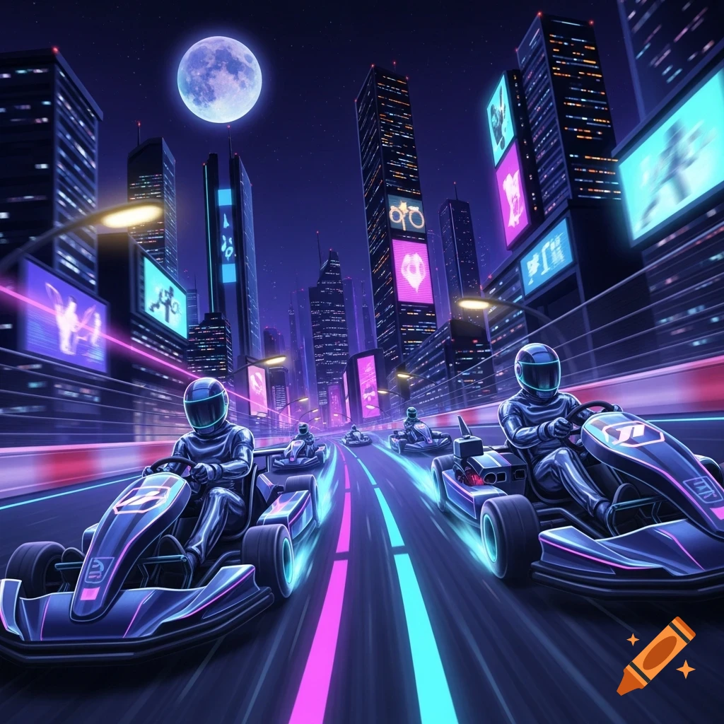 Vibrant, stylized image of go-karts racing through a futuristic city at night, illuminated by neon lights and a full moon.