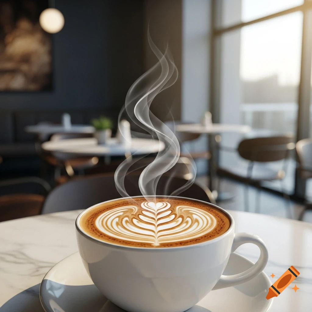 Steaming cappuccino with elaborate latte art on a marble table in a brightly lit cafe.