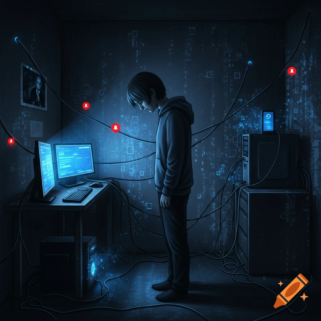 An illustration of a lonely, sad person standing in a dark, wired room with glowing computer screens and digital patterns on the walls.