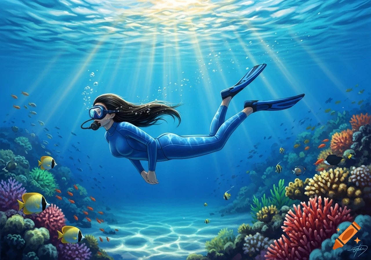 Illustrated woman in a blue wetsuit and flippers scuba diving in a vibrant coral reef with fish and sunbeams.