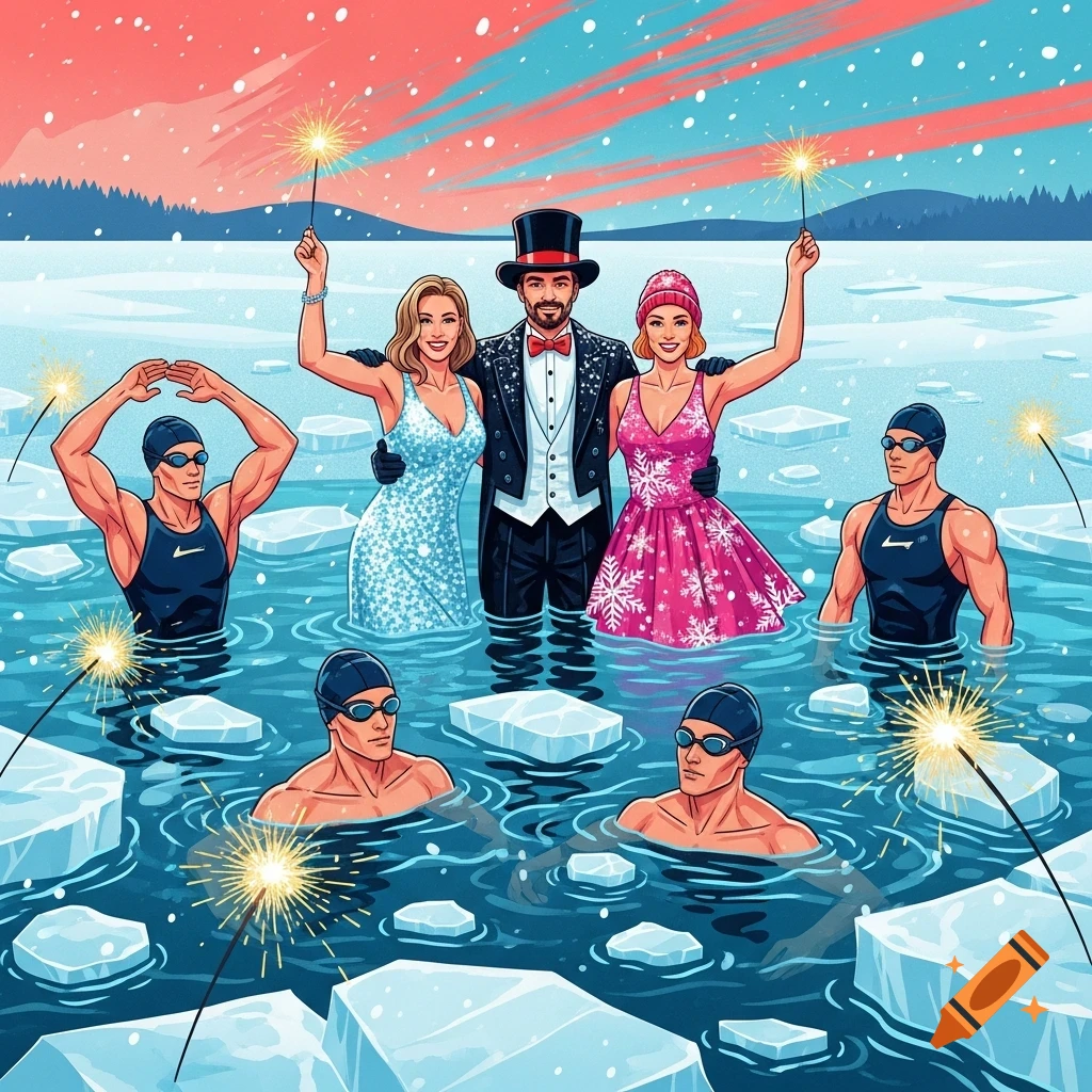 An illustration of people celebrating New Year in icy water, some in party clothes holding sparklers, others in swimsuits.