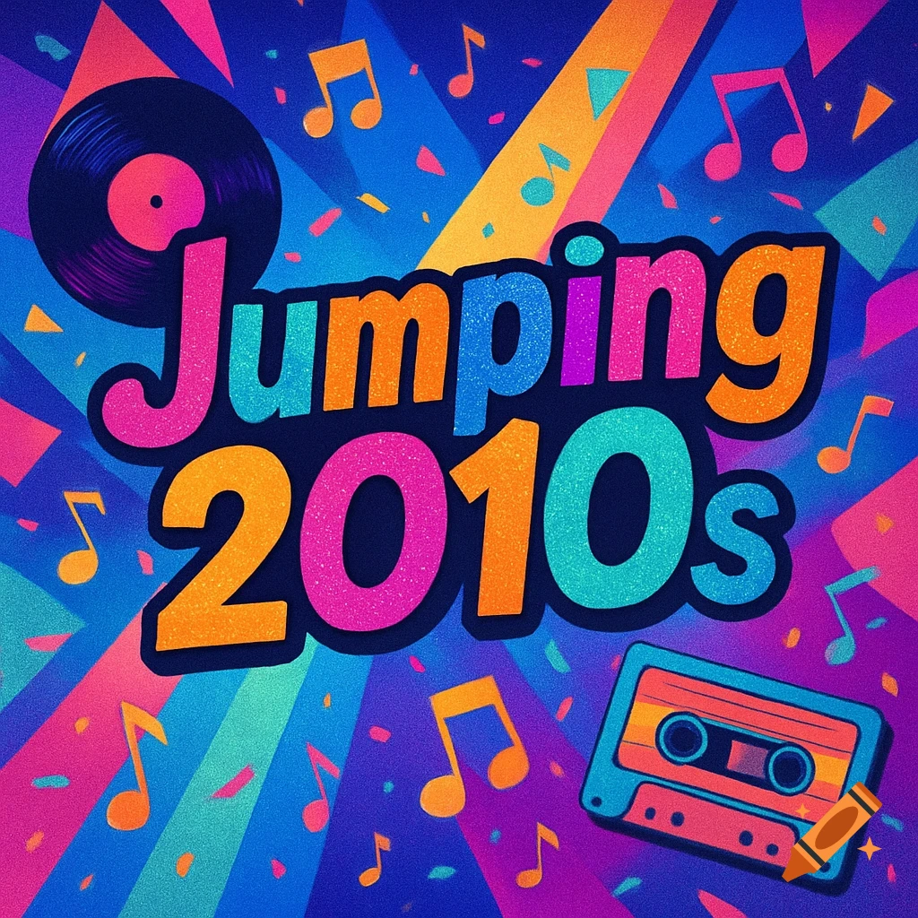 A vibrant pop art style cover with 'Jumping 2010s' text, a vinyl record, cassette tape, and music notes on a blue background.