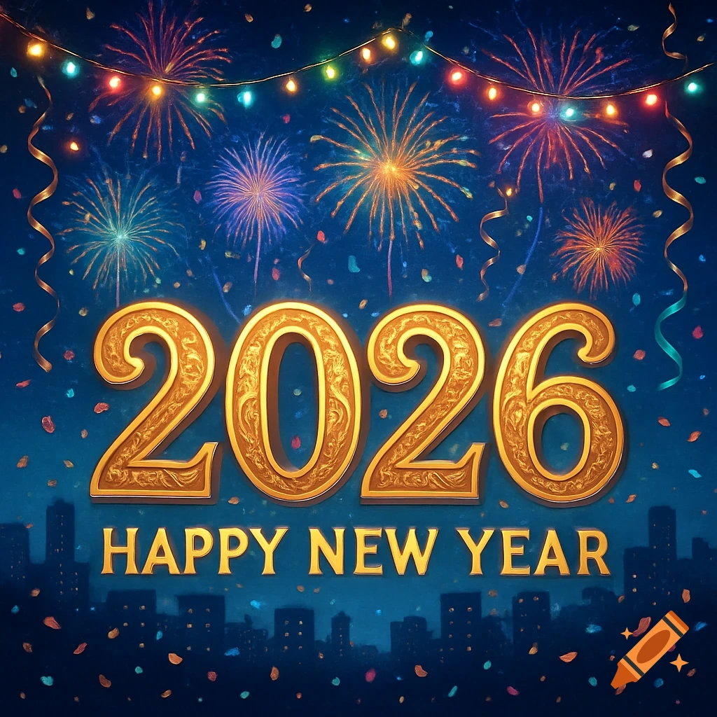 Golden '2026 Happy New Year' text with colorful fireworks bursting over a dark city skyline at night.