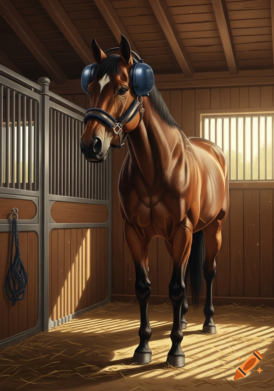 A brown horse with a white blaze stands in a wooden stable, wearing blue over-ear headphones, with sunlight streaming through a window.