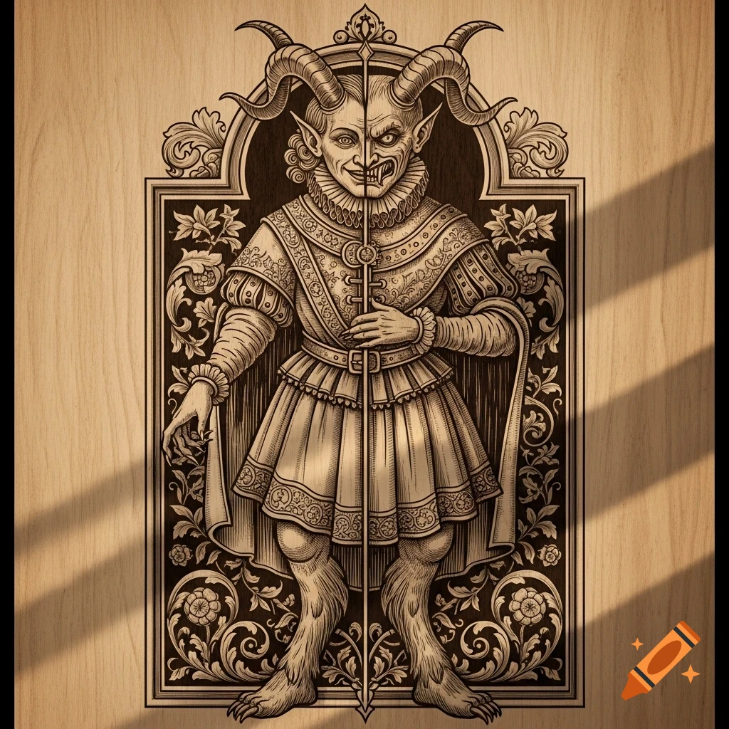 A two-faced Krampus, half friendly, half menacing, depicted in an ornate Renaissance woodcut on a wooden panel with shadows.