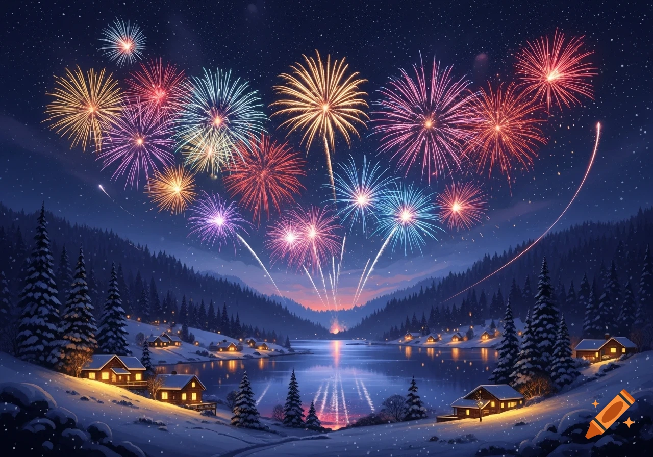 Colorful fireworks illuminate a snowy winter landscape with cozy houses by a reflective lake at night.