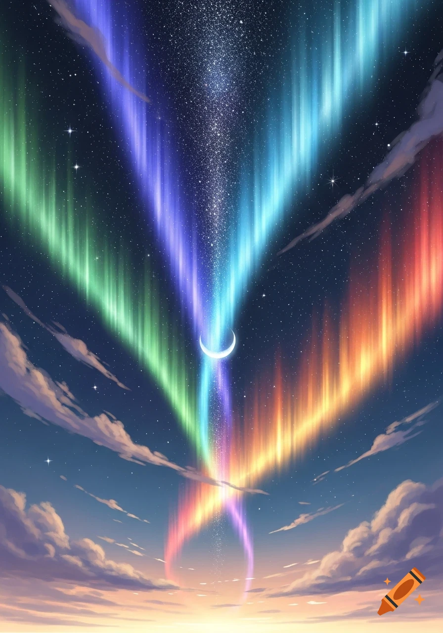 A vibrant night sky filled with stars, colorful aurora borealis in green, blue, purple, and orange hues, and a glowing crescent moon.