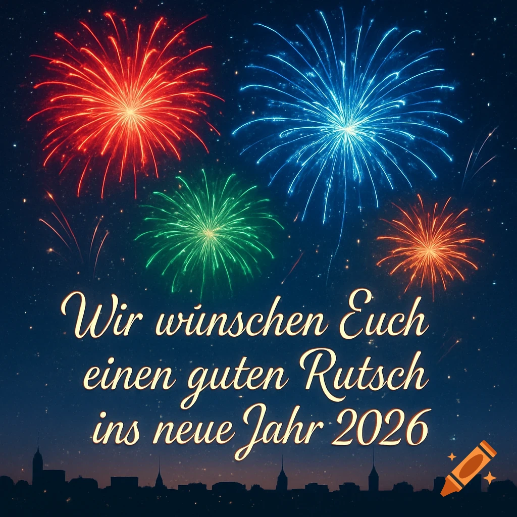 Vibrant red, blue, green, and orange fireworks illuminate a dark night sky above a silhouetted city skyline. German text reads 'Wir wünschen Euch einen guten Rutsch ins neue Jahr 2026'.