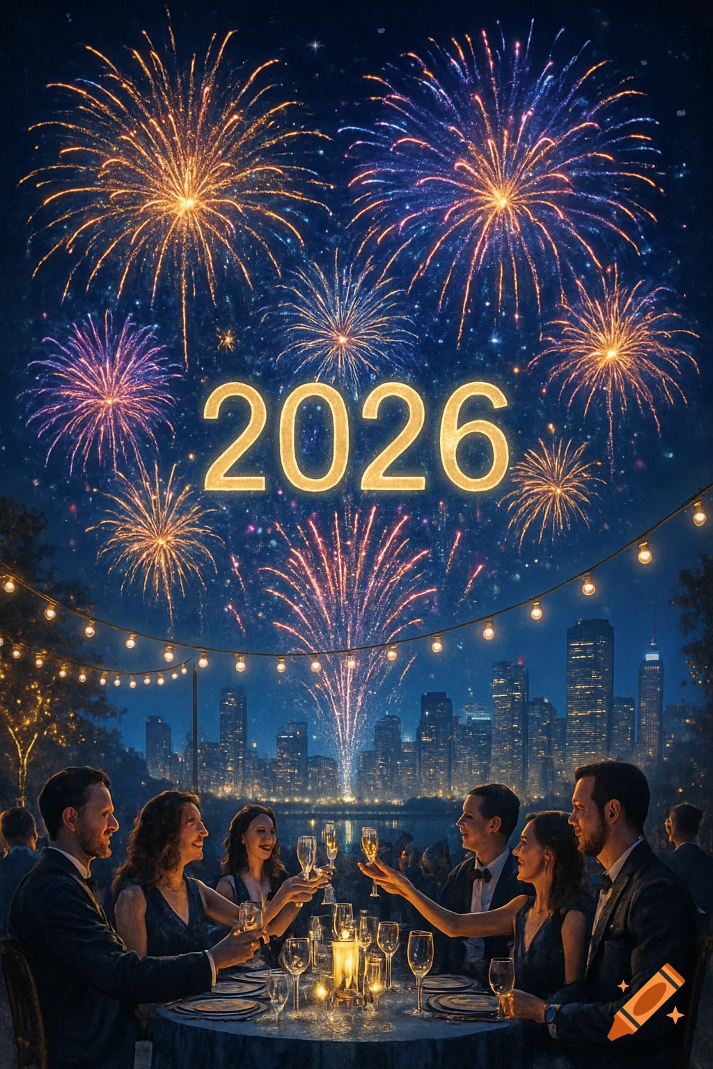 A celebratory night scene with golden '2026' in the sky, colorful fireworks, and people toasting champagne glasses over a city skyline.